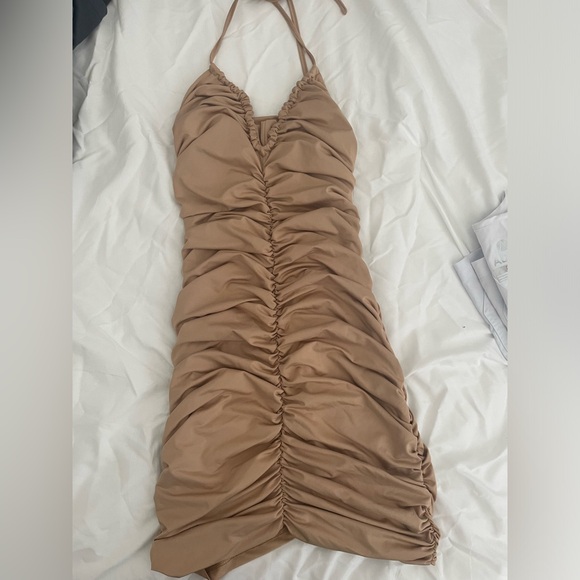 Shein Ruched Backless Halter Next Beige Dress - Picture 3 of 4